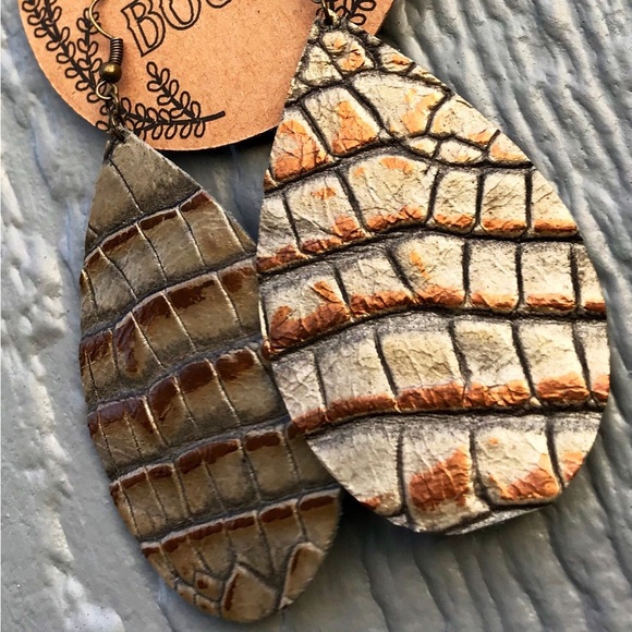 Metallic Silver and Brown Genuine Embossed Leather Teardrop Dangle Earrings - Picture 5 of 9